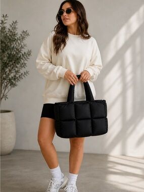 Black Puffer Tote Bag Quilted Nylon Puffy Shoulder Bag Minimalist Street Style